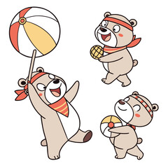 Vector art of cute cartoon bears playing with beach balls and wearing headbands and bandanas