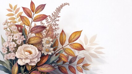 Elegant vintage autumn leaves with pastel flowers on white background