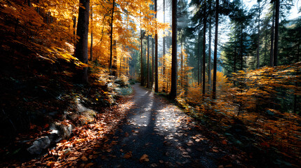 Obraz premium Autumn forest path leading through golden trees, bated in warm, glowing sunligt in the mountains.