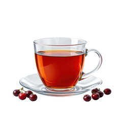 Clear glass cup filled with hot cherry tea placed on a white saucer surrounded by fresh cherries on a plain white background, showcasing a refreshing beverage and natural fruit ingredients