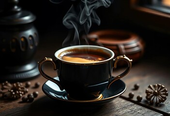 Dark, elegant vintage cup; steaming espresso, rustic setting,  wooden table,  coffee