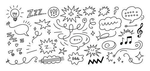 Manga expression. Emotion and motion comic hand drawn elements. Speech bubbles, stars and swirls, lightning and music sound minimal icons for comics and media. Vector illustration