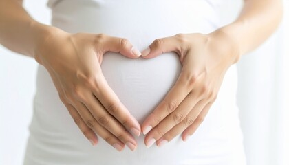A pregnant woman lovingly cradling her baby bump with hands forming a heart shape
