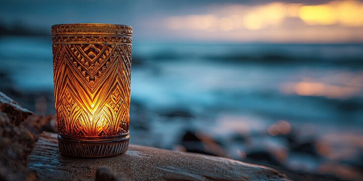 Ornate candle lantern on driftwood by the ocean at sunset