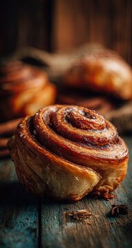 Close-up of three cinnamon rolls on a rustic wooden surface