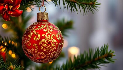 Ornate glass Christmas tree ornament, red and gold design, decoration, traditional