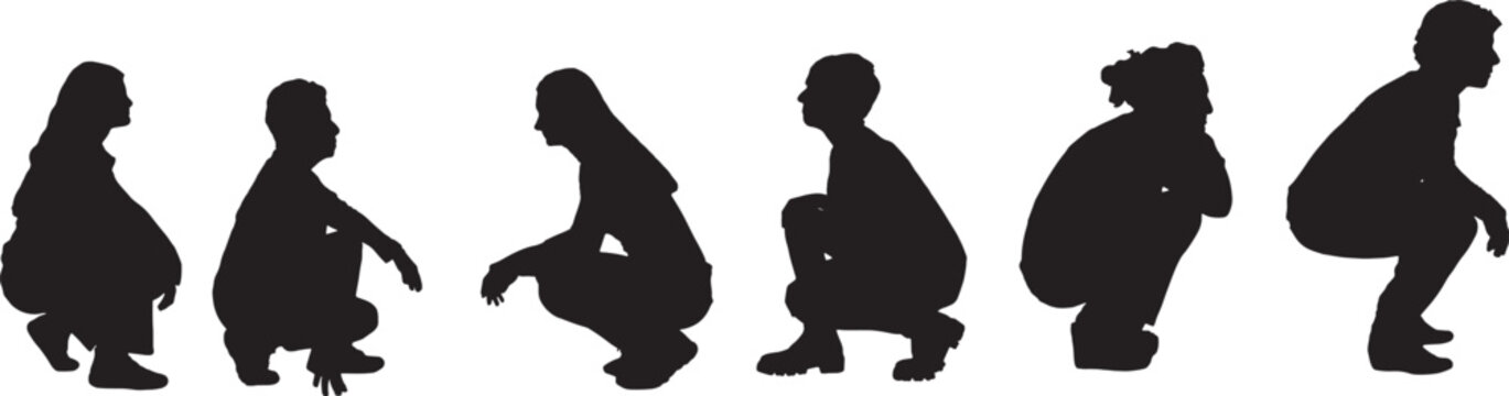 vector,silhouette of  side view of a group of woman squatting on white