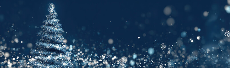 Snow-covered Christmas tree - Deep blue background with falling snowflakes - Winter holiday concept