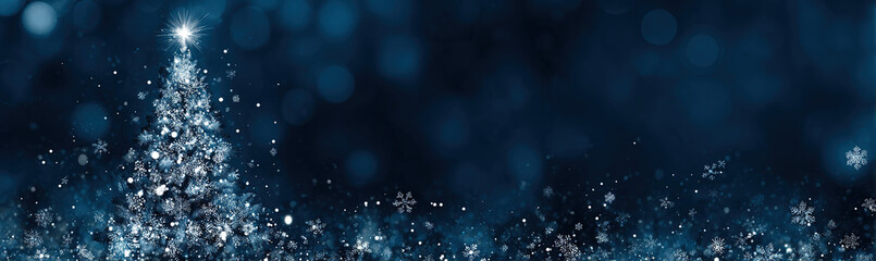 Snow-covered Christmas tree - Deep blue background with falling snowflakes - Winter holiday concept