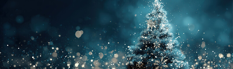 Snow-covered Christmas tree - Deep blue background with falling snowflakes - Winter holiday concept