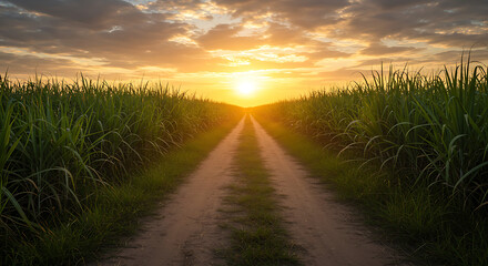 sunset on the beach, Vibrant sugarcane field at sunset, with rich green stalks lining dirt road leading towards setting sun. Warm sunlight filters through tall grass, creating dramatsu,set on the road