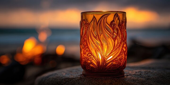Amber glass candle holder by the ocean fire - Powered by Adobe