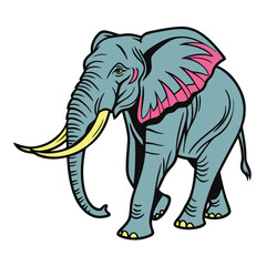 Obraz premium A cartoon illustration of a large grey elephant with pink accents on its ears, walking with its trunk curled