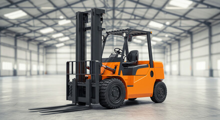 Modern orange forklift parked inside a large warehouse ready for loading and transport