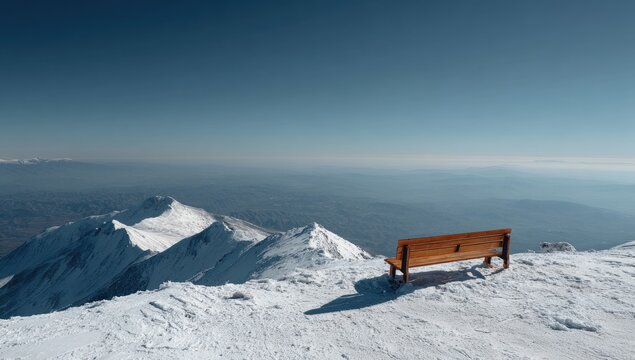 A wooden bench sits on a snow-capped mountain peak, overlooking a vast landscape