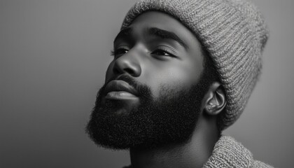Pensive And Charming Black And White Portrait Of A Young Bearded Man, A Thoughtful Hipster Contemplating Solutions To Problems.