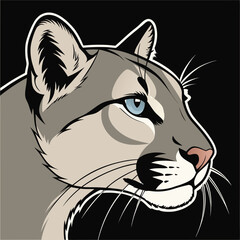 Vector art of closeup profile of a cougars head with piercing blue eyes, showcasing its powerful features and wild essence against a stark