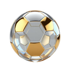 Futuristic soccer ball with gold and silver hexagonal panels, reflective surface, high-tech design, spinning, 3D render, sports equipment, glossy finish, modern style
