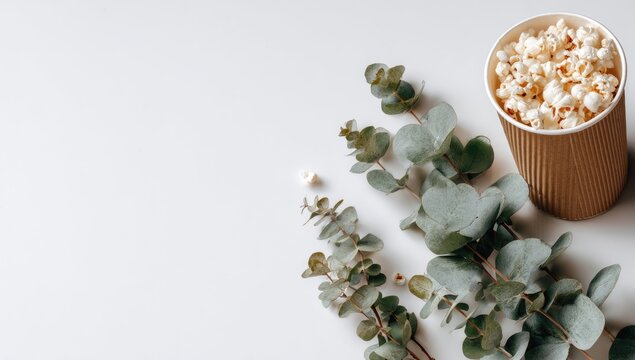 Popcorn in a paper cup, with eucalyptus sprigs - Powered by Adobe