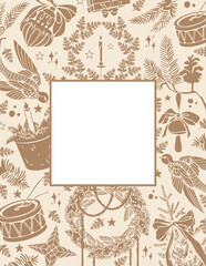 Rectangular Christmas card template with square frame. Background with Christmas vintage toys and decor. Ready-made design for winter postcard, poster, banner, invitation. Holiday vector retro