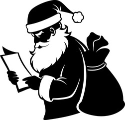 Santa Claus checking his naughty or nice list silhouette  vector black , white background 