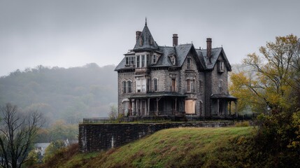 Abandoned stone mansion on a hill