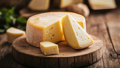 Different Cheeses Arranged On A Wooden Platter; Assortment Of Cheeses Displayed On Wood; Various Types Of Cheese Presented On A Wooden Board.