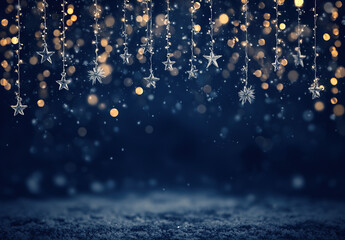 Ornate golden star decoration hanging against a blurred background of bokeh lights and falling snow; festive Christmas atmosphere.