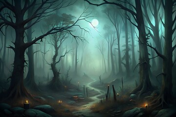 Mysterious eerie forest path illuminated by faint lanterns and moonlight