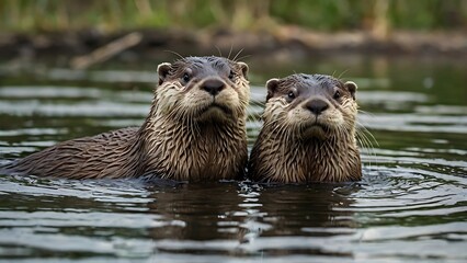 Obraz premium River Otter Duo: A pair of playful river otters gaze directly at the viewer, partially submerged in the cool, clear water. The sunlight glistens, highlighting their sleek fur and inquisitive eyes.