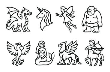 Fototapeta premium Sea creatures: dolphin, turtle, crab, starfish, jellyfish, seahorse, fish, coral icons