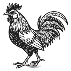 Vector art of a detailed black and white illustration of a rooster standing proudly, showcasing its intricate feather details and proud stance, isolated on white background