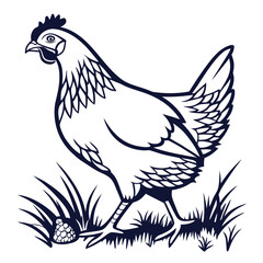 Vector art of a stylized navy blue line drawing of a hen walking through grass with an egg at its feet, isolated on white background
