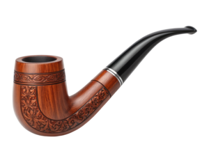 Classic ornate reddish-brown wooden smoking pipe with black stem detailed close-up photography