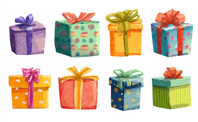 Colorful illustrated gift boxes with vibrant ribbons and bows on a white background; festive present collection.