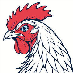 Vector art of a stylized illustration of a roosters head in profile, featuring a vibrant red comb and wattle, a sharp beak, and a piercing blue eye, set against a clean