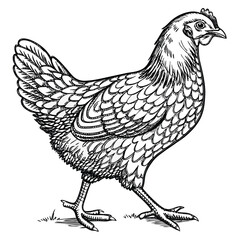 Vector art of a detailed black and white line drawing of a hen walking on grass, isolated on white background