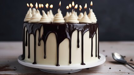 Birthday cake with pouring chocolate on a gray background