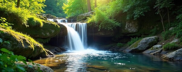 Refreshing summer waterfall cascading over mossy rocks, sunlight dappling through lush green foliage  Perfect for travel, nature, and relaxation themes ,  summer vacation,  beauty