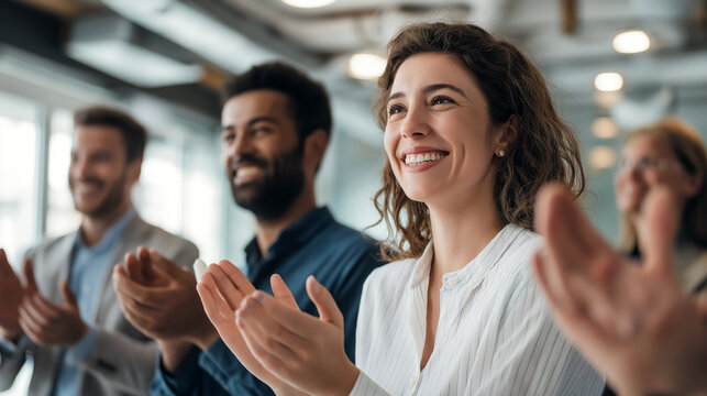 Office team celebrating a neurodiverse colleague's achievement, clapping and smiles, inclusive workplace culture, bright open-plan office.