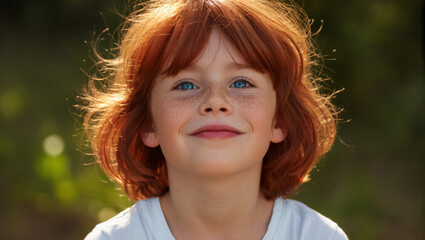 A lovely portrait of a young child with striking red hair and a gentle smile. The sunlight catches their hair, highlighting their freckles and peaceful expression, creating a warm, tender image.