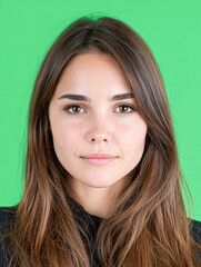 Fototapeta premium A portrait of a young woman with long hair, posing against a vibrant green background, exuding confidence and clarity.