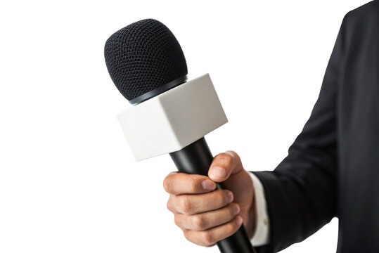Professional journalist hand holding microphone for interview broadcast media news reporting