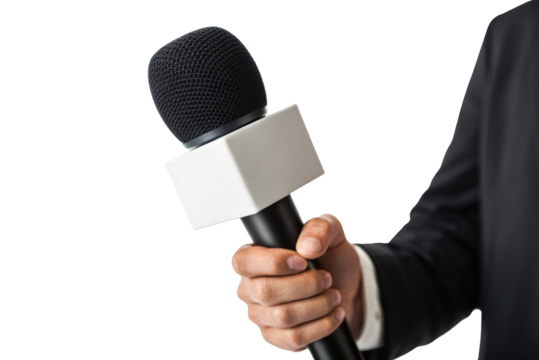 Professional journalist hand holding microphone for interview broadcast media news reporting