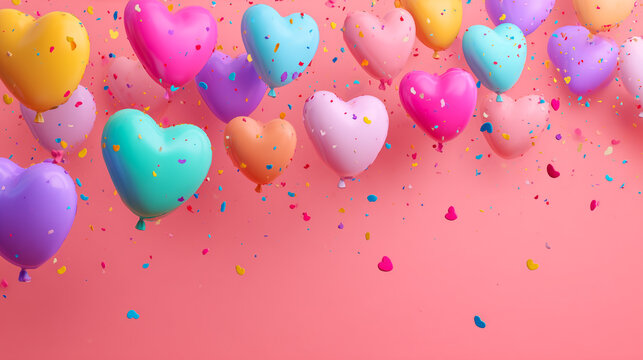 Colorful heart balloons floating with confetti.