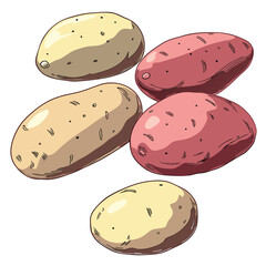 Vector art of a collection of five potatoes, some yellow and some red, artfully arranged on a clean, perfect for culinary or agricultural themes