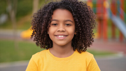 A vibrant portrait of a young child with a lively smile and beautiful curly hair. The colorful, blurry background of a playground suggests an active and happy childhood filled with fun and play.
