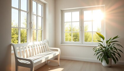 Fototapeta premium Sunlit room, white bench by window, potted plant , airy, bright