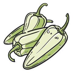 Vector art of a handdrawn illustration of three pale green chili peppers with stems, presented in a simple, clean style with black outlines and a subtle green fill, isolated on white background