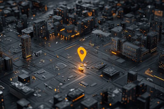3D city map with illuminated GPS marker. Urban landscape, high-tech design